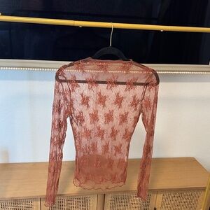 Sheer Lace Long Sleeve Top - Rust